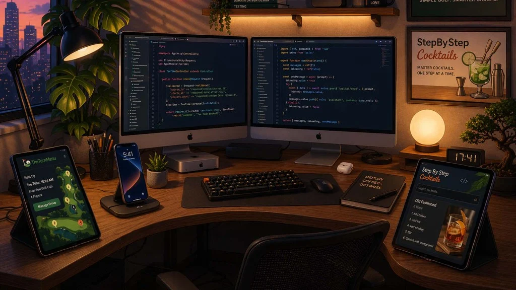 Illustrated workspace with application code and product screens